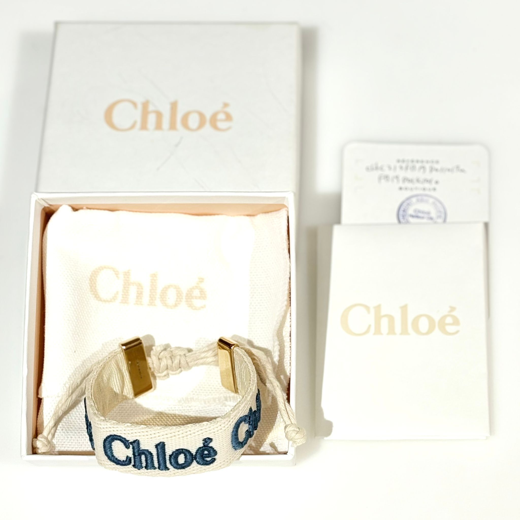 全新Chloe woody 手帶 白底刺繡藍色編織字母 #BRAND NEW #香榭站正品