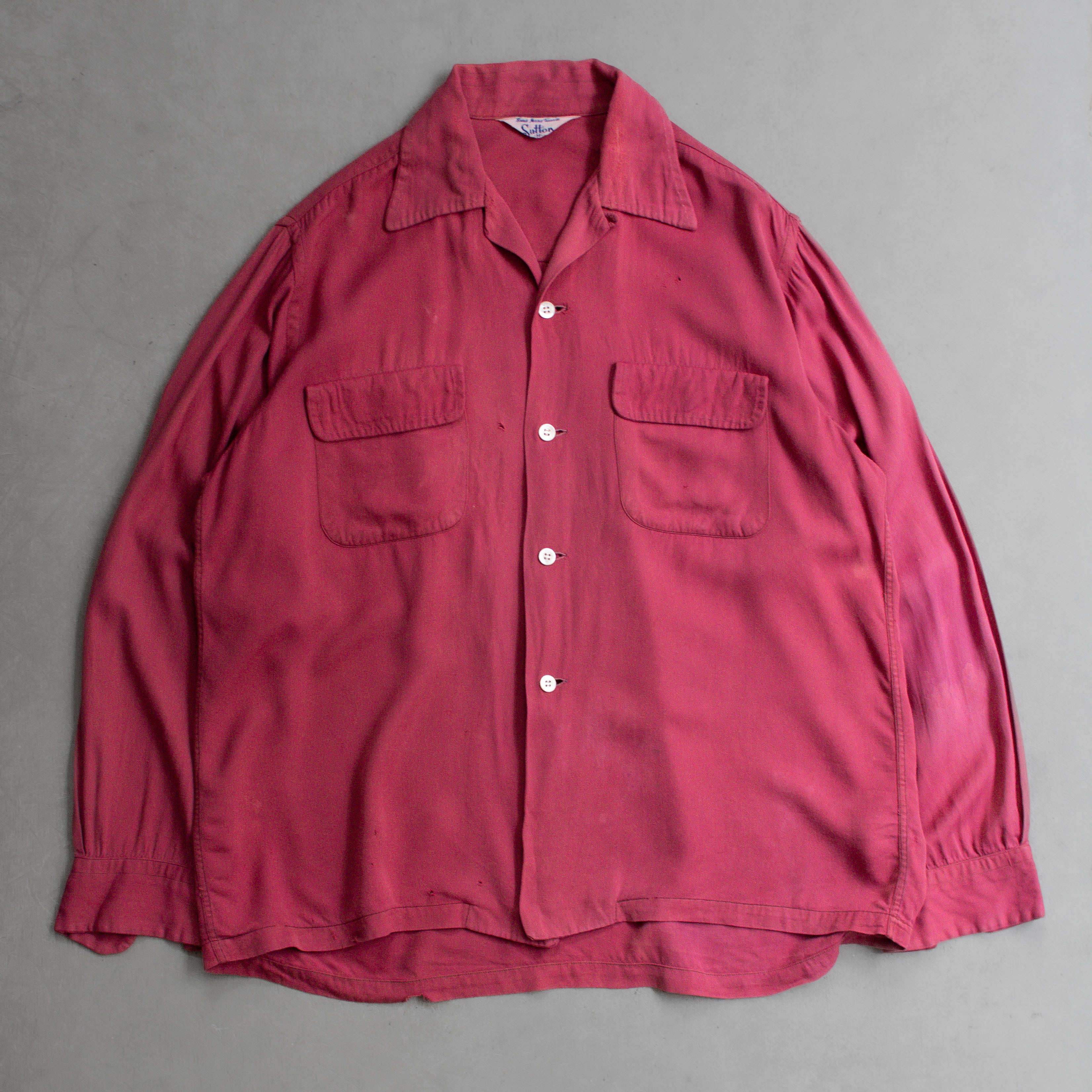 50S VINTAGE RAYON OPEN SHIRT 美國製 酒紅 嫘縈 開領 長袖 襯衫