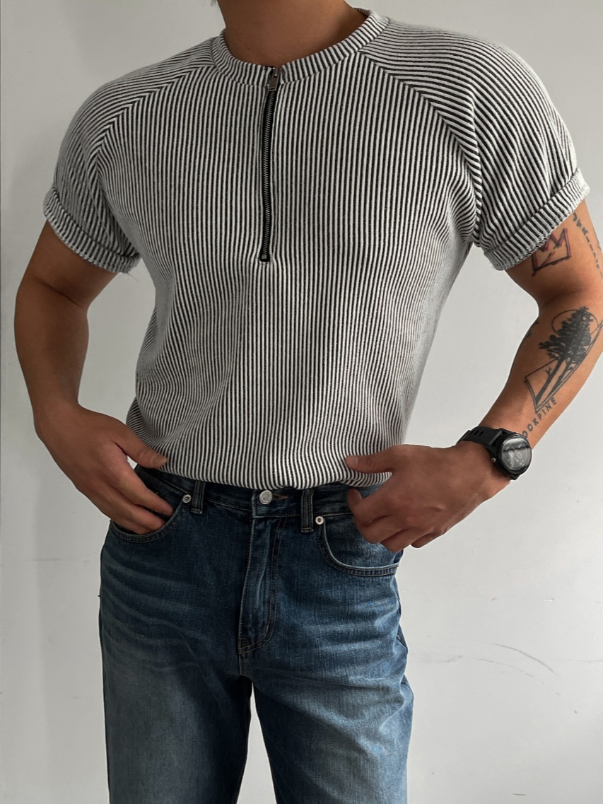 Embossed Half-Zip Ribbed T-Shirt