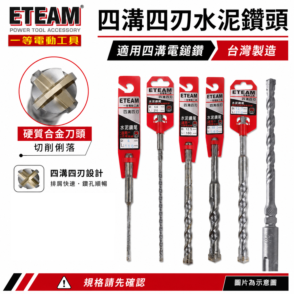 ETEAM 一等 台灣製｜長度 1000mm 各種規格｜四溝四刃水泥鑽頭 四溝4刃水泥鑽尾 免出力電鑽用鑽頭