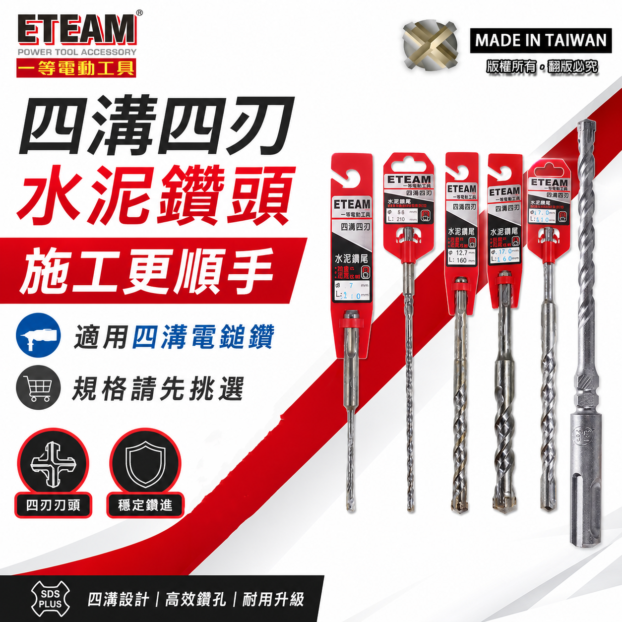 ETEAM 一等 台灣製｜規格 6.5mm 110-210四溝四刃水泥鑽頭｜四溝4刃水泥鑽尾 免出力水泥鑽頭