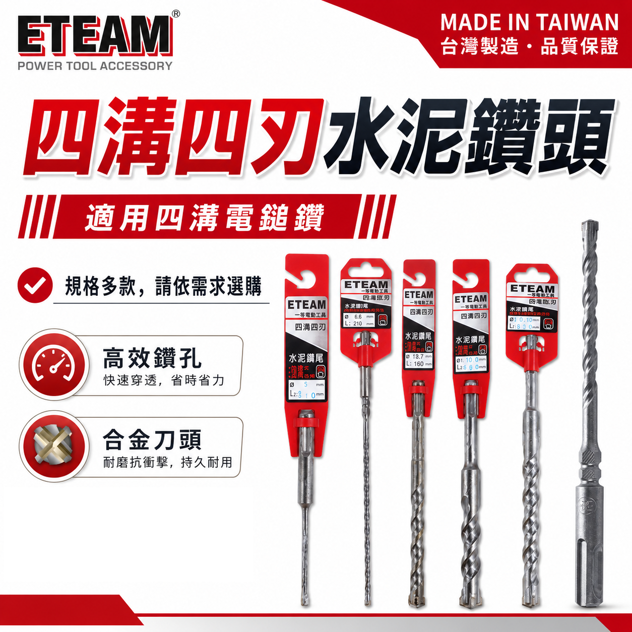 ETEAM 一等｜規格 4-17.5｜長110mm 160mm｜四溝四刃水泥鑽頭 4刃水泥鑽尾 免出力電鑽用