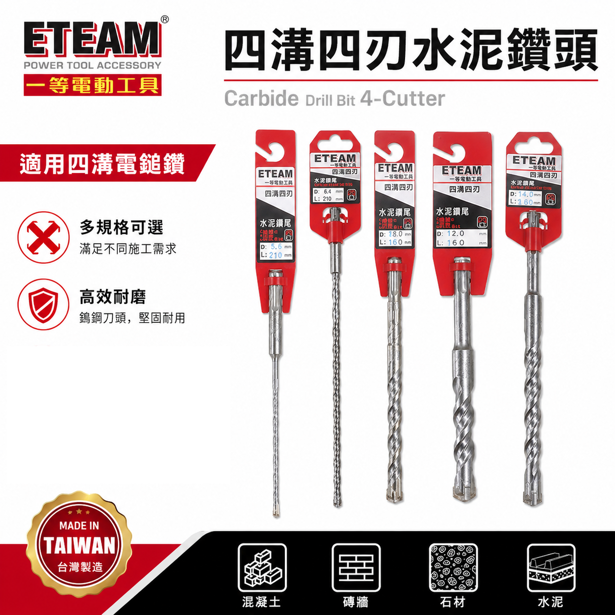 ETEAM 一等｜16mm｜SDS 四溝四刃水泥鑽頭 四溝4刃水泥鑽尾 四溝4刃免出力電鑽用 鑽尾｜台灣製