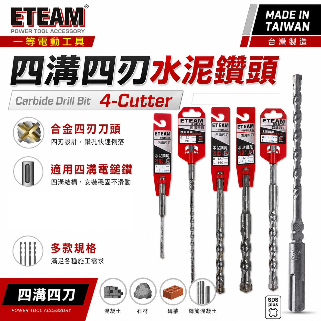 ETEAM 一等｜28mm 長210-600mm｜SDS 四溝四刃水泥鑽頭 免出力用四溝4刃水泥鑽尾｜台灣製