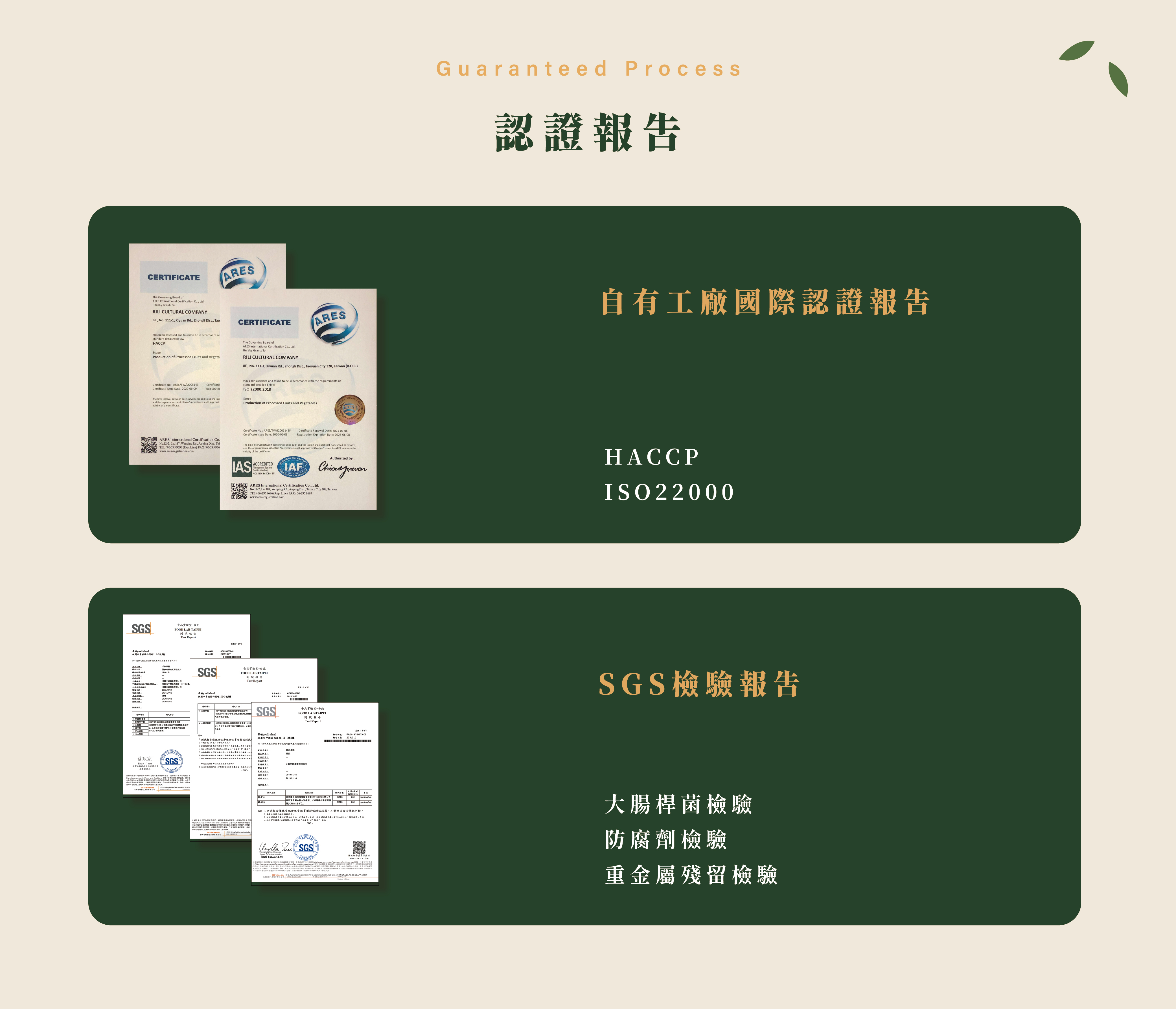 認證報告。自有工廠國際認證報告：HACCP�ISO22000。SGS檢驗報告：大腸桿菌檢驗 防腐劑檢驗 重金屬殘留檢驗