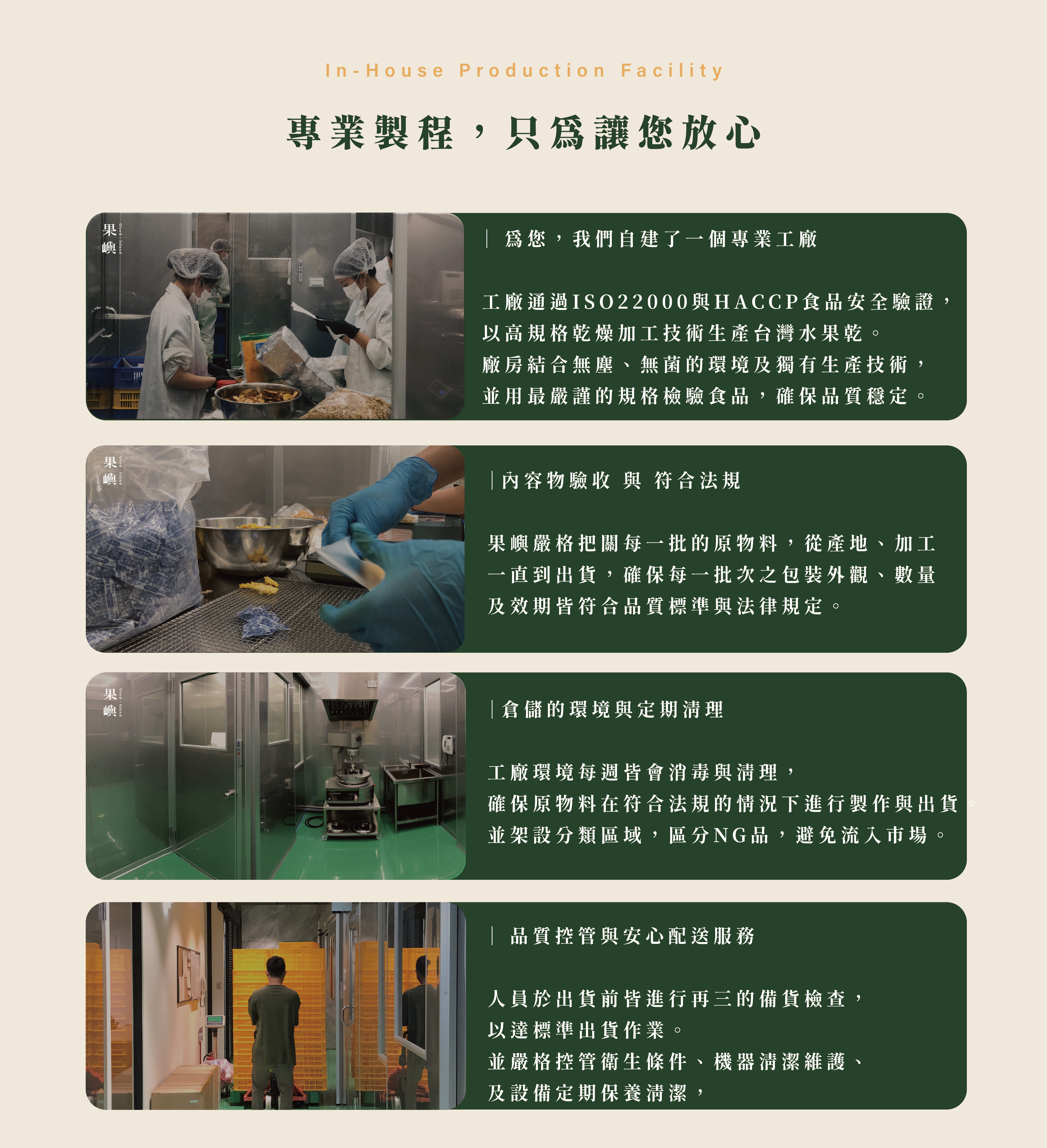 專業製程，只為讓您放心。｜ 為您，我們自建了一個專業工廠� 工廠通過ISO22000與HACCP食品安全驗證， 以高規格乾燥加工技術生產台灣水果乾。 廠房結合無塵、無菌的環境及獨有生產技術， 並用最嚴謹的規格檢驗食品，確保品質穩定。