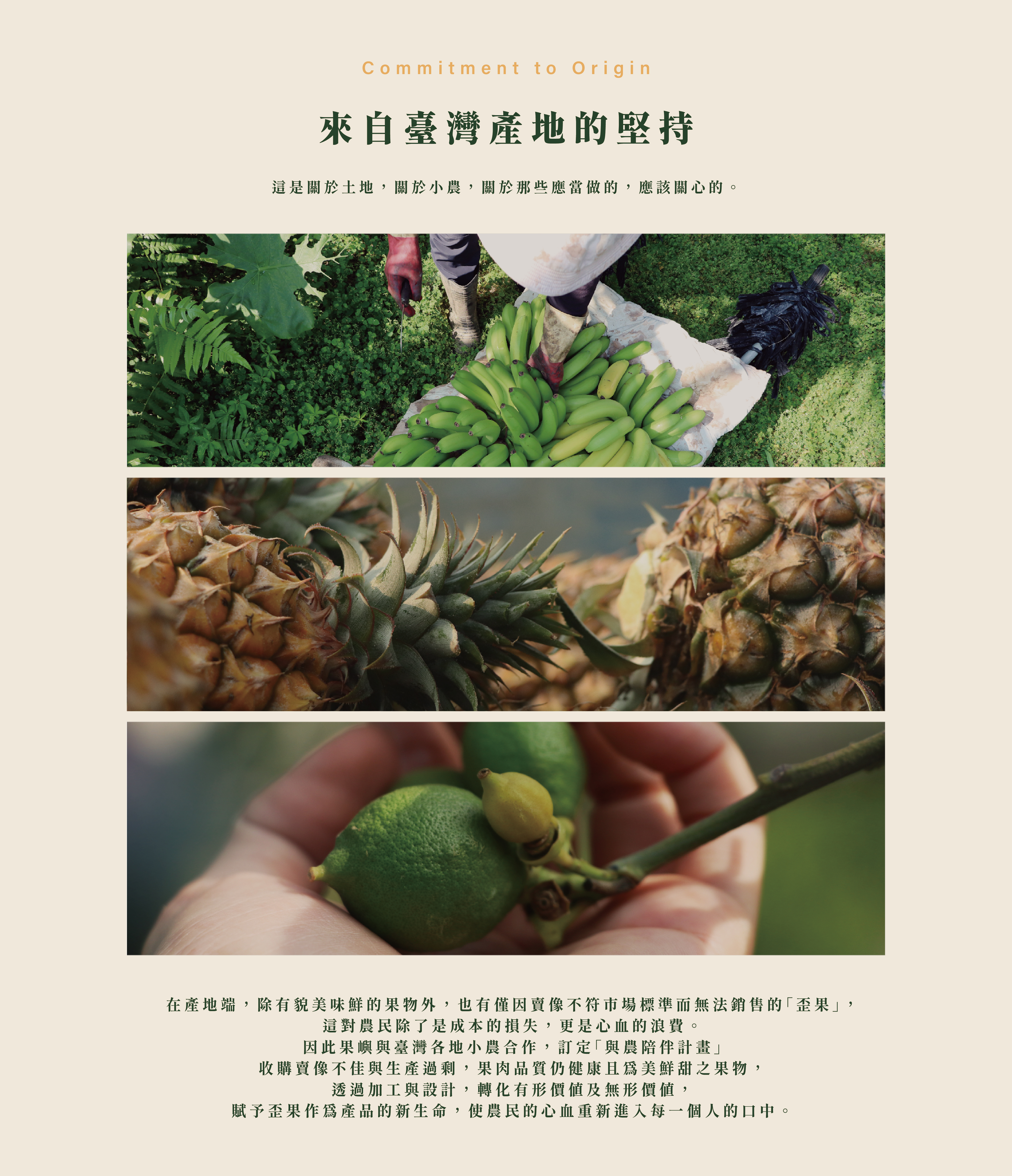 來自臺灣產地的堅持。在產地端，除有貌美味鮮的果物外，也有僅因賣像不符市場標準而無法銷售的「歪果」， 這對農民除了是成本的損失，更是心血的浪費。 因此果嶼與臺灣各地小農合作，訂定「與農陪伴計畫」 收購賣像不佳與生產過剩，果肉品質仍健康且為美鮮甜之果物， 透過加工與設計，轉化有形價值及無形價值， 賦予歪果作為產品的新生命，使農民的心血重新進入每一個人的口中。