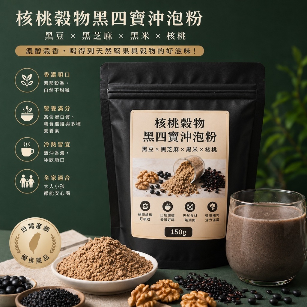 WSBB11994  🇹🇼台灣產銷優良農品!! 濃醇穀香😋營養滿分!! 🌰核桃穀物黑四寶沖泡粉150g（現貨 ）