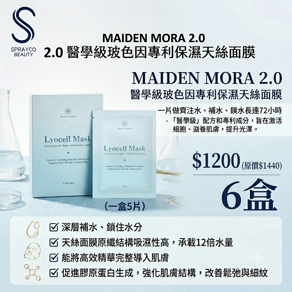 【MAIDEN MORA 2.0 醫學級玻色因專利保濕天絲面膜 6盒優惠組合】
