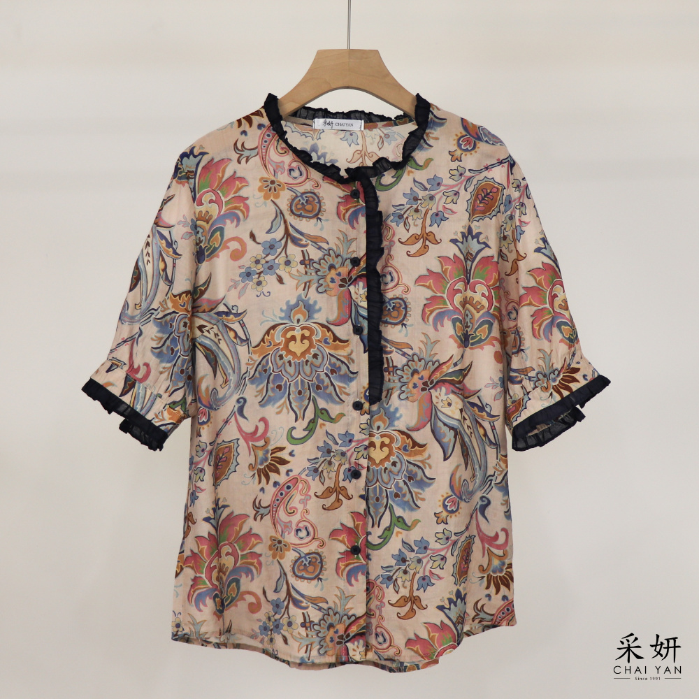 裙邊花布短袖長版襯衫