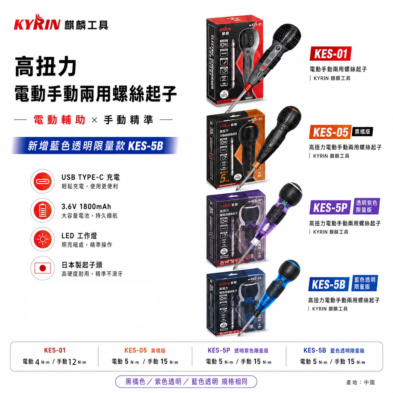 KYRIN 麒麟｜3.6V 充電式高扭力電動手動兩用螺絲起子｜KES-01／KES-05／KES-5P／KES-5B｜USB Type-C 充電｜電動起子