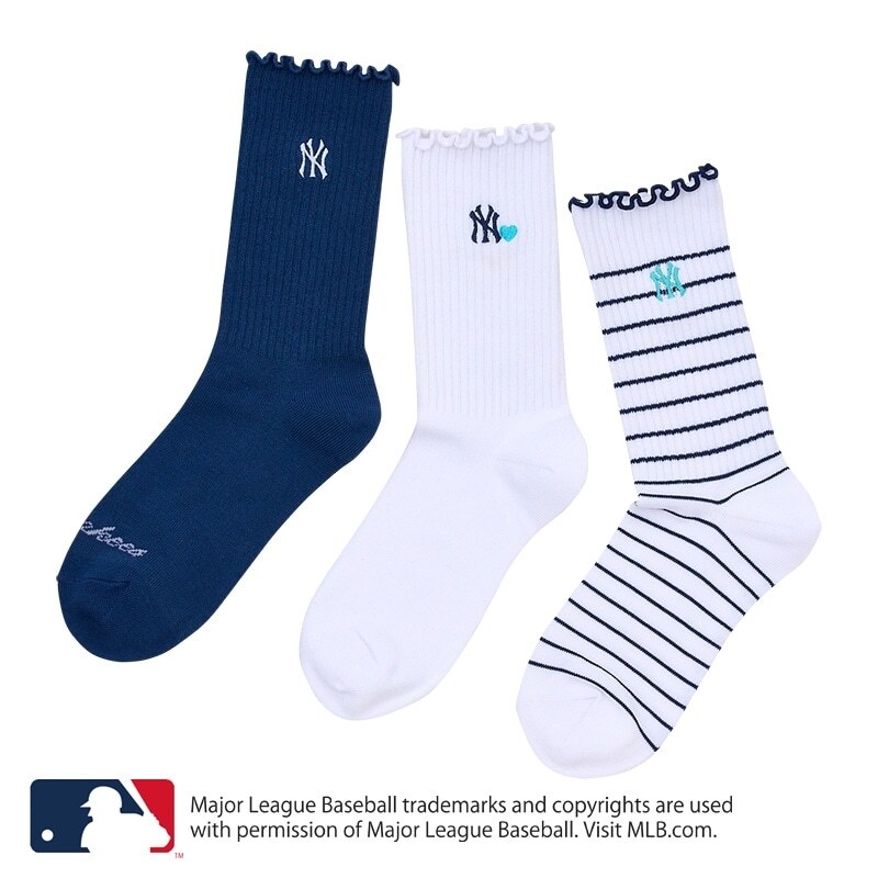 #預購 🇯🇵日本 MLB 條紋刺繡荷葉邊長襪 3 入組