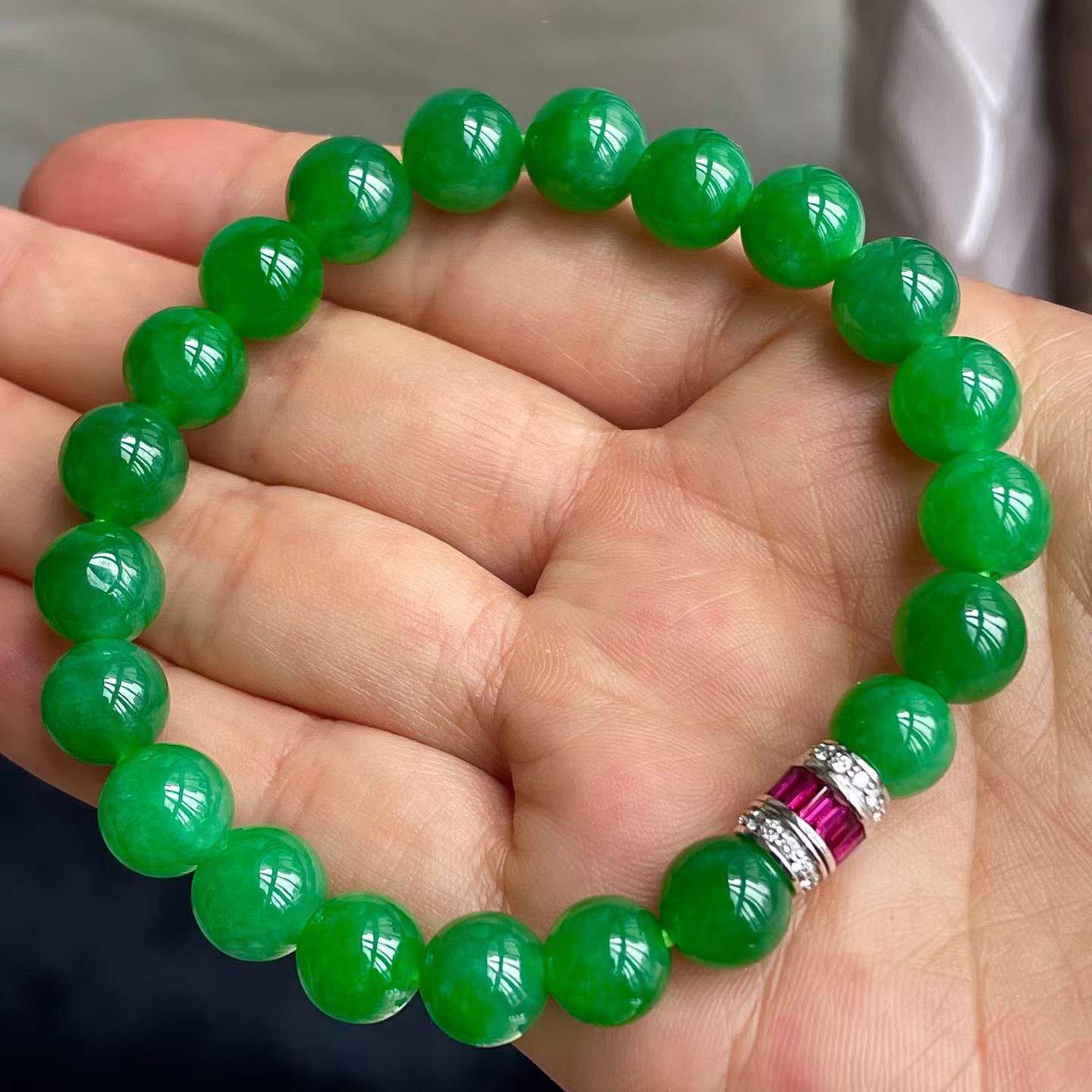 翡翠冰種陽綠手串 (8.1-9.3mm直徑),天然翡翠A玉, 緬甸玉, Jade, Jadeite