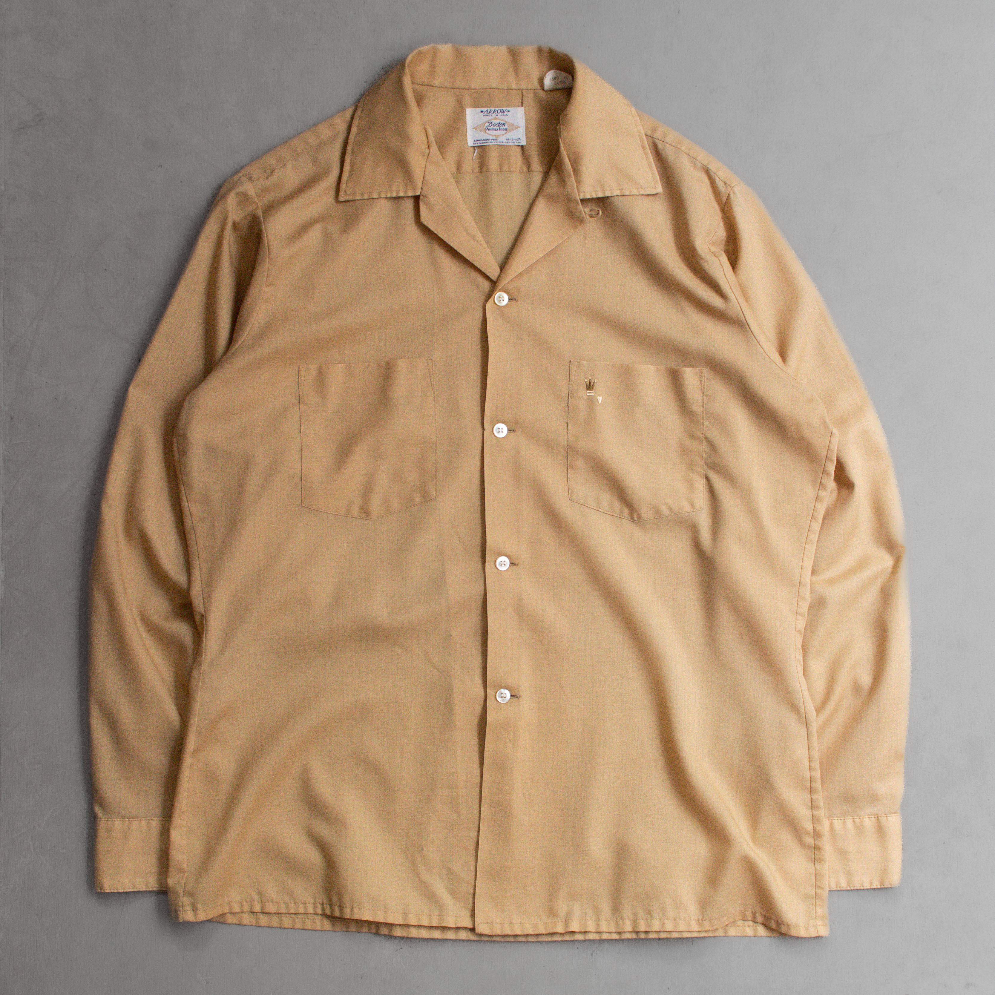 50-60S ARROW OPEN SHIRT 美國製 卡其 素面 開領 長袖 襯衫