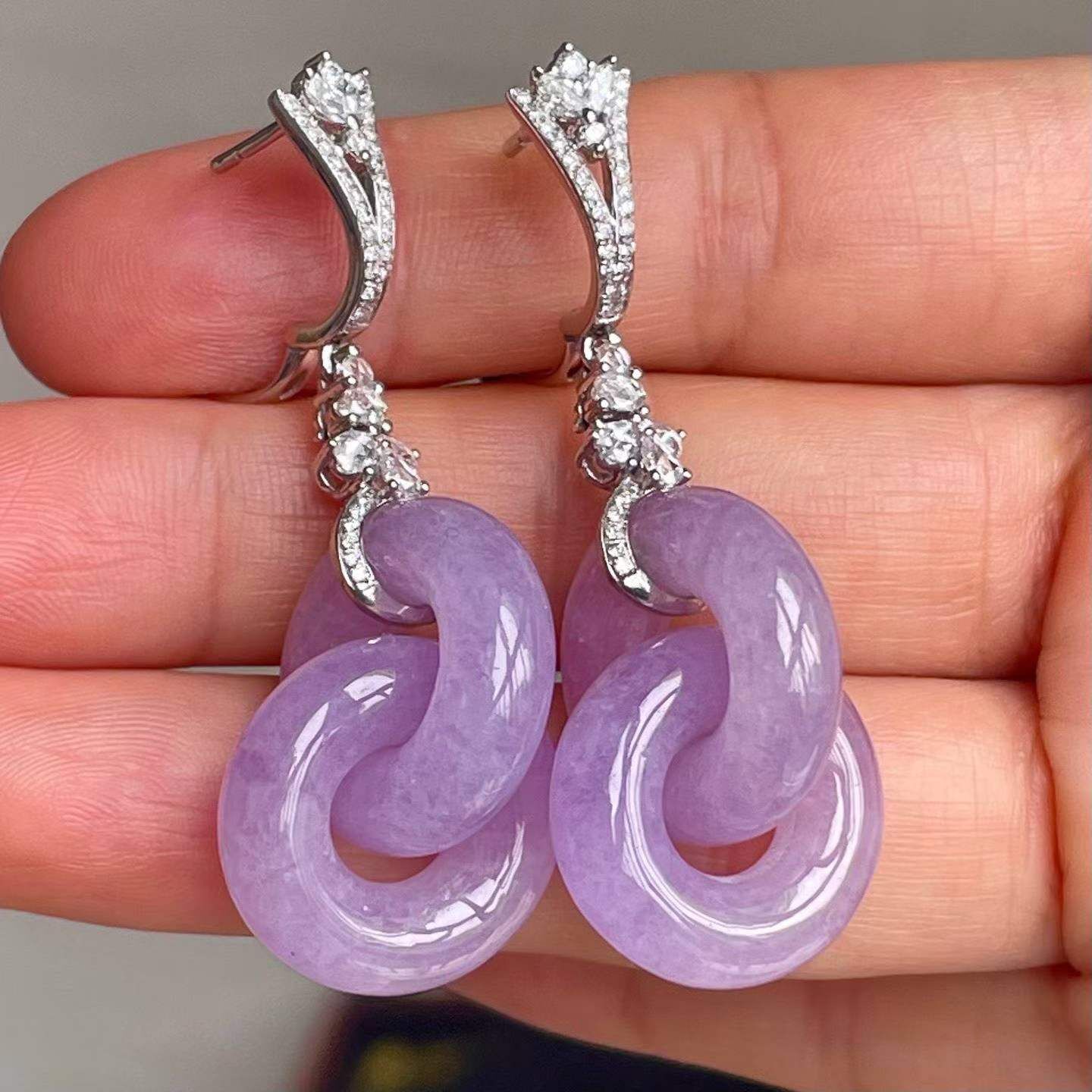 翡翠緬料冰紫羅蘭雙環耳墜,天然翡翠A玉, 緬甸玉, Jade, Jadeite