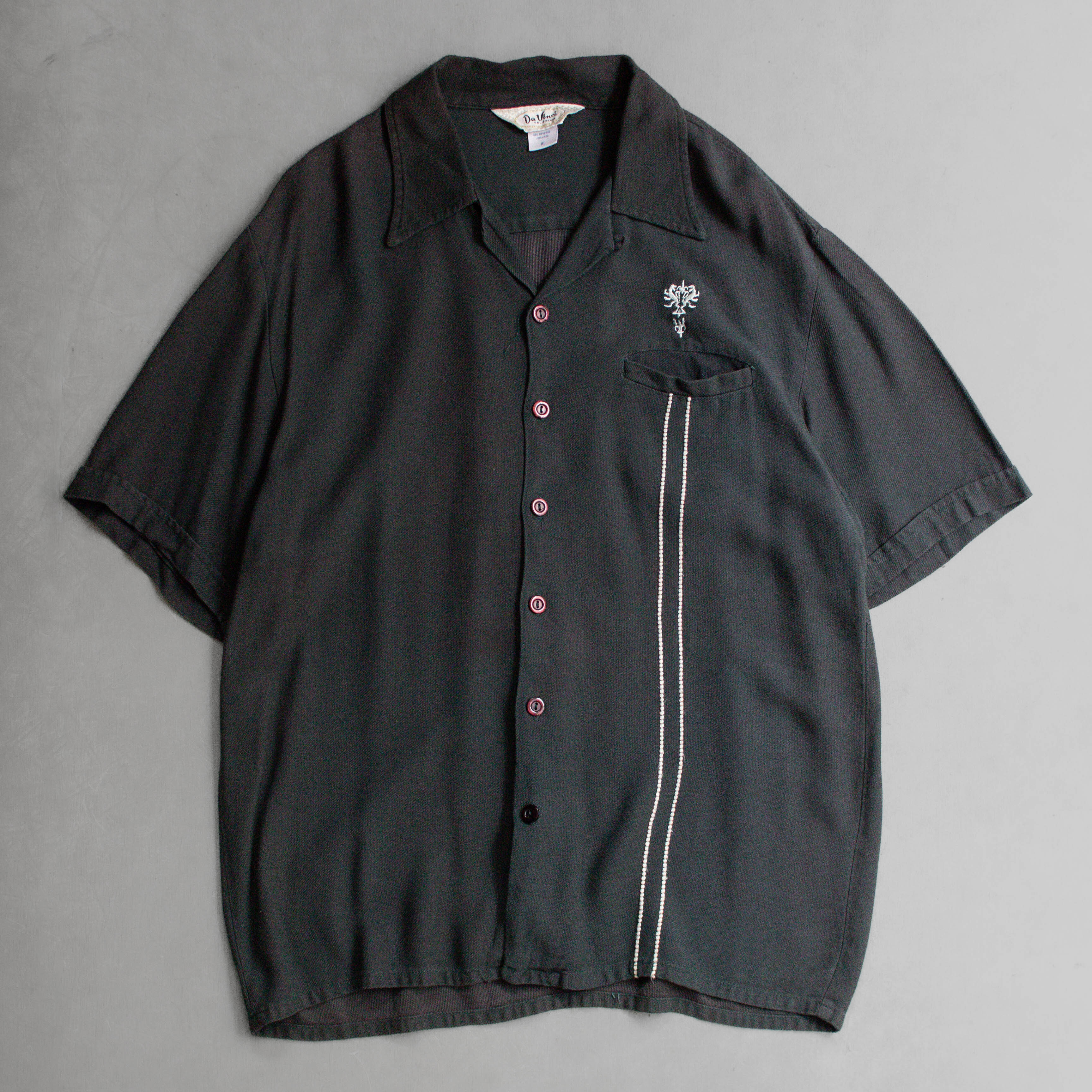 VINTAGE RAYON OPEN SHIRT 美國製 黑色 嫘縈 開領 短袖 襯衫