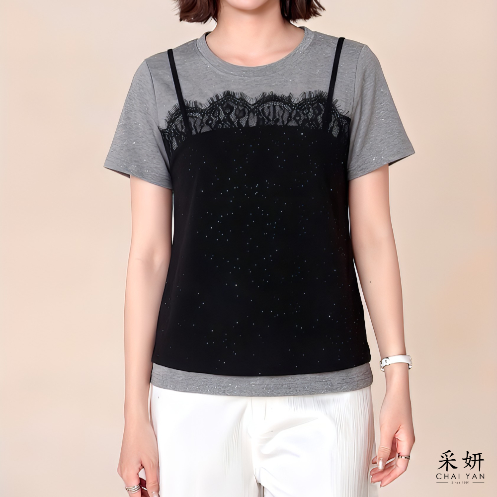 亮片蕾絲假兩件短袖上衣