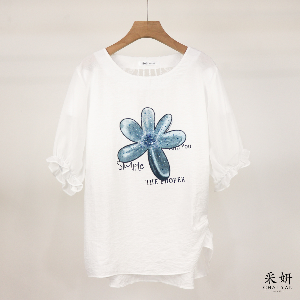 水鑽大花朵棉麻半袖上衣