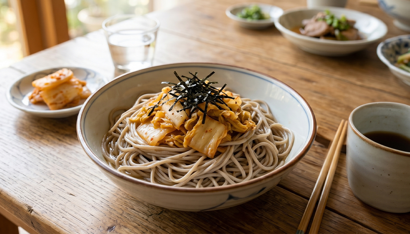 協發行泡菜的日式胡麻泡菜搭配胡麻蕎麥麵擺盤,呈現濃厚香醇的夏日消暑午餐