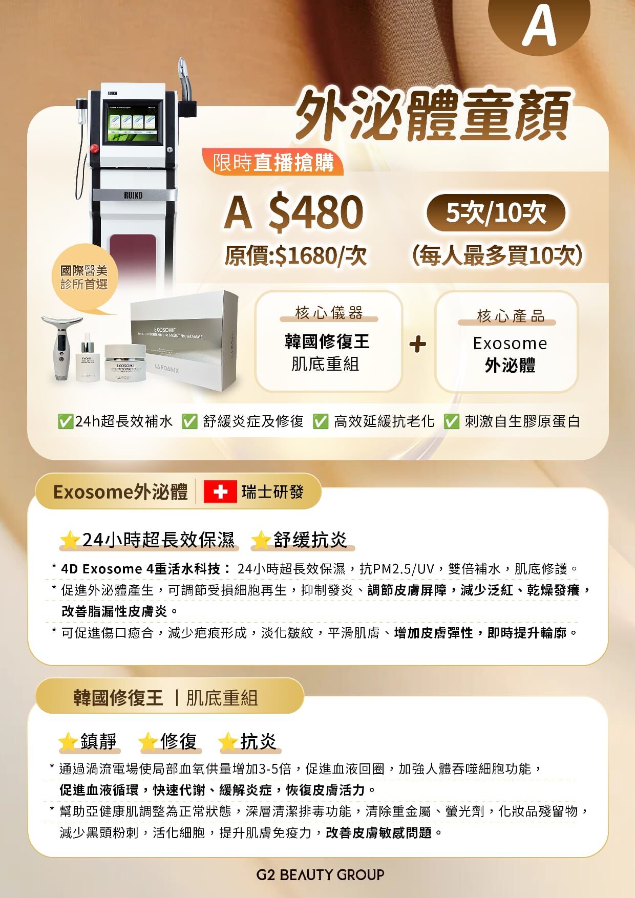 (A) 外泌體童顏療程5次/10次 (平均$480/次) (送Full Set深海膠原Facial, 包括針清修眉按面肩頸共75分鐘) #2206G2