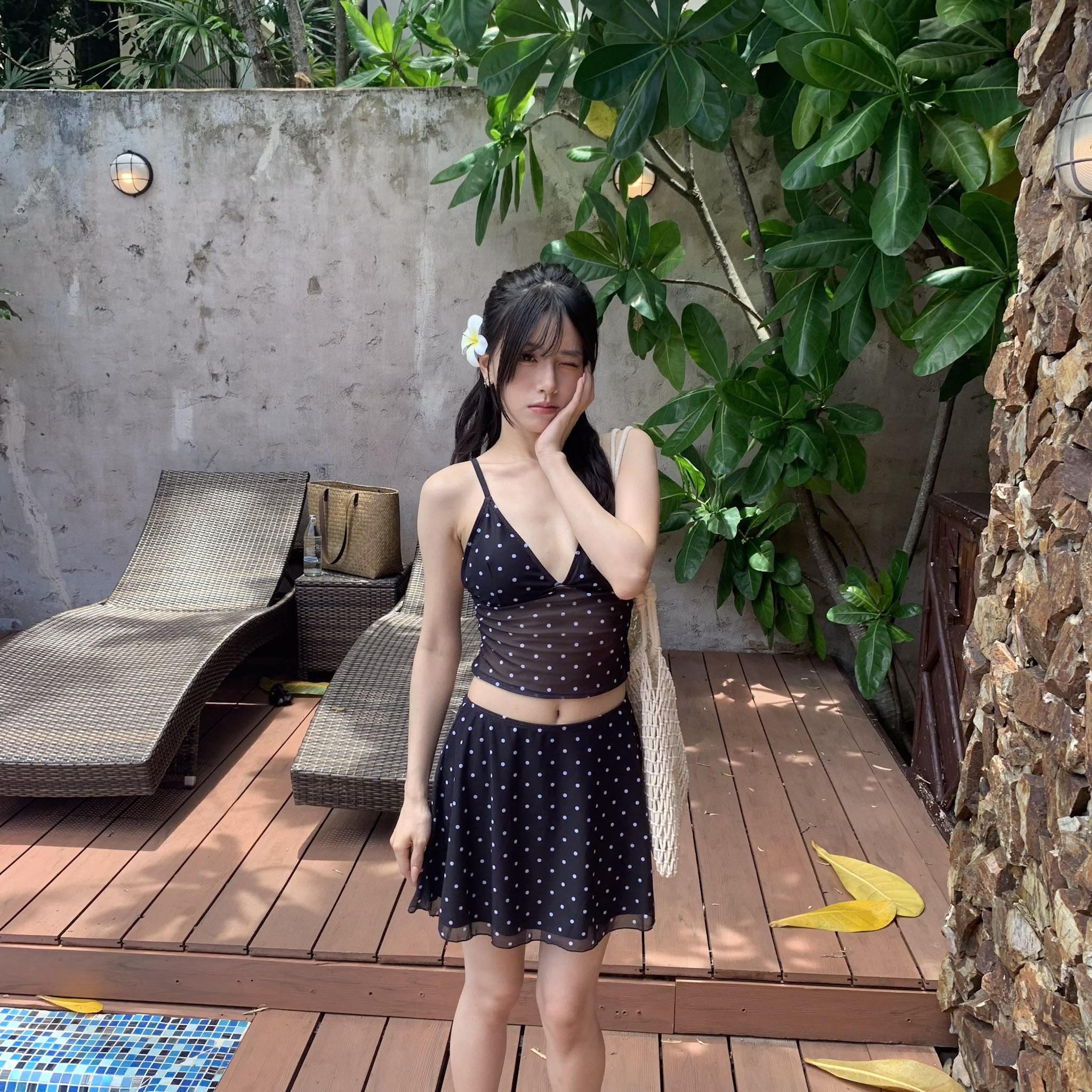 ISA_復古滿點 V領透紗波點二件式泳衣_64053