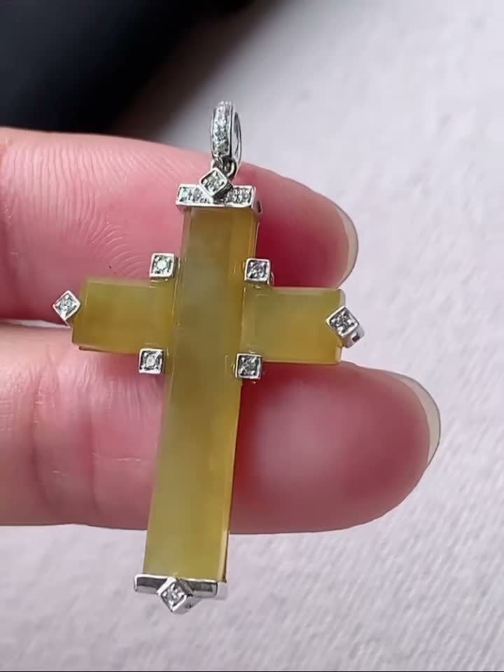 翡翠冰黃十字架吊墜,天然翡翠A玉, 緬甸玉, Jade, Jadeite