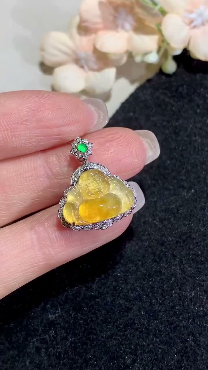 翡翠冰黃翡福佛公吊墜,天然翡翠A玉, 緬甸玉, Jade, Jadeite