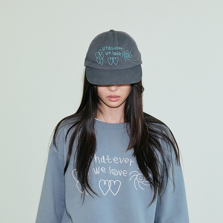 韓國 ooowl 童趣塗鴉復古平簷帽 WHATEVER WE LOVE 灰色