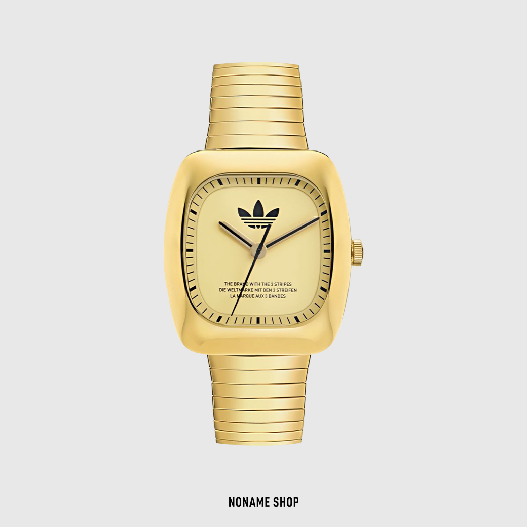ADIDAS ORIGINALS 經典三葉草 LOGO 石英機芯 不鏽鋼錶帶 金色錶盤 50M防水 手錶