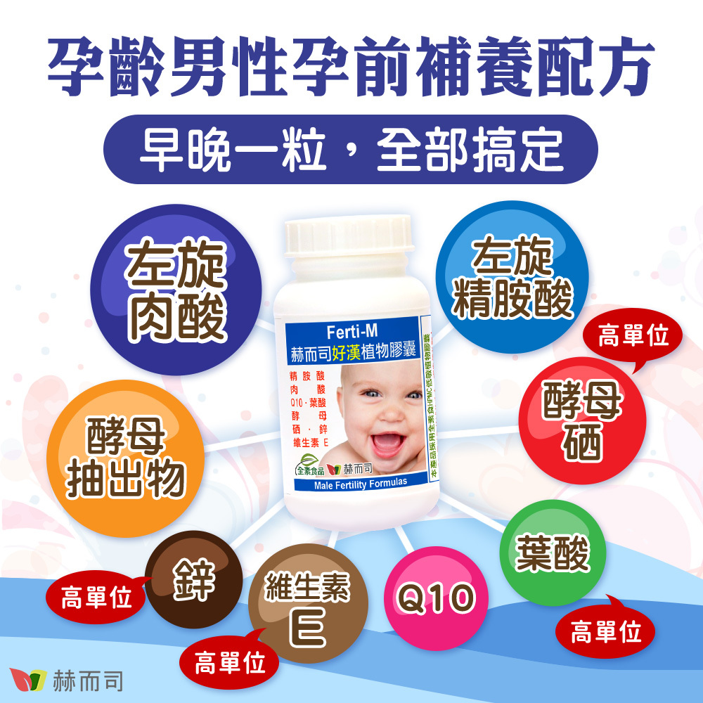日本精胺酸推薦 赫而司Ferti-M好漢 孕齡男性孕前補養配方,早晚一粒,全部搞定!日本味之素精胺酸+肉酸+日本鐘淵Q10+酵母+高單位葉酸/硒/鋅/Quali®-E維生素E
