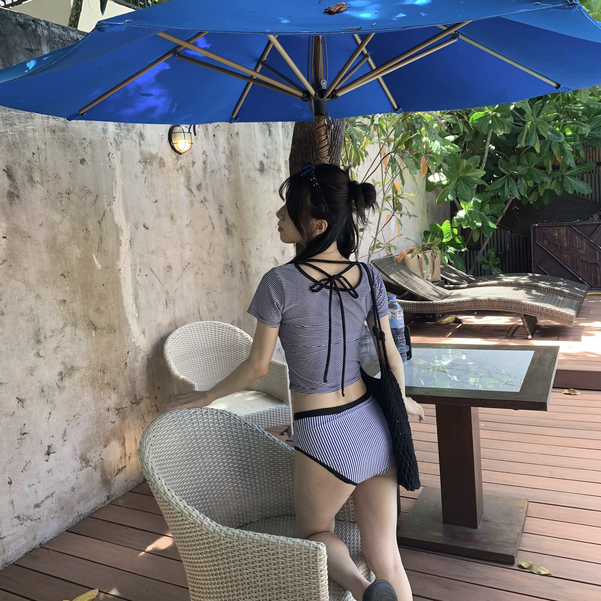 ISA_夾心餅乾 基礎款條紋短袖二件式泳衣_64092