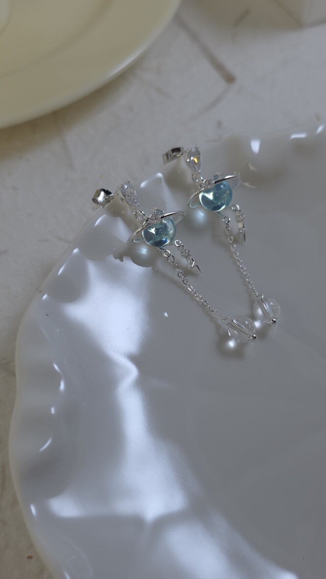 36169 水藍星球垂墜銀針耳環