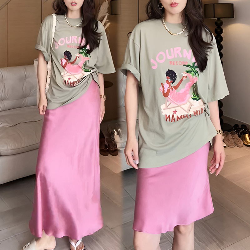 綢緞魚尾裙+卡通美人魚寬鬆T(2件組)
