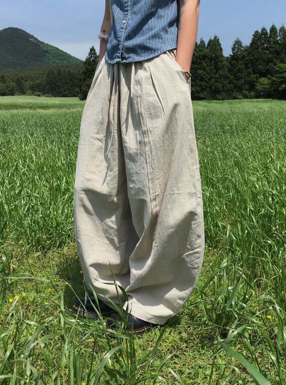 日常 亞麻 繭型 抽繩 寬鬆長褲