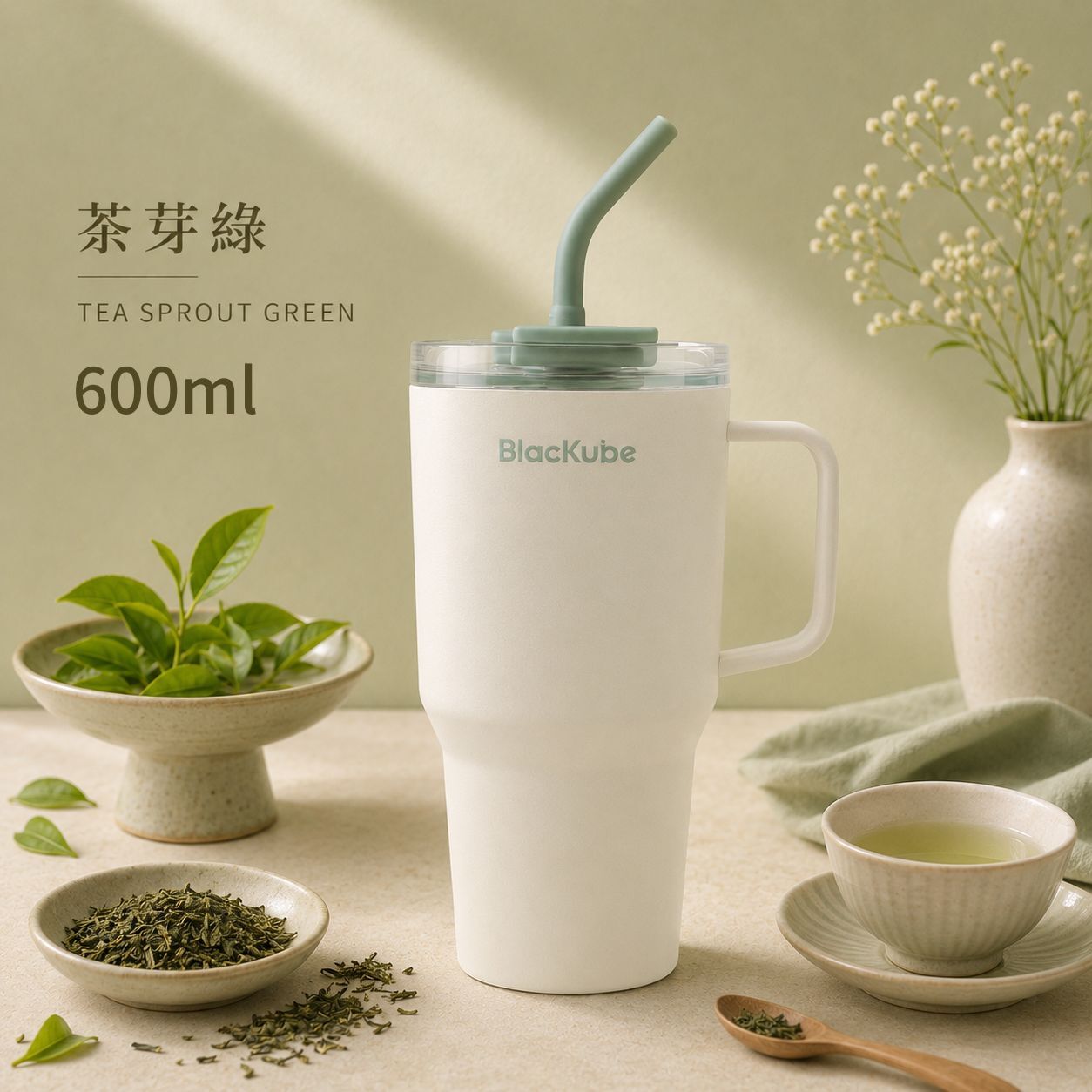 BLACKUBE 陶瓷雙飲吸管杯 Tumbler 600ml - 茶芽綠 (Tritan吸管)