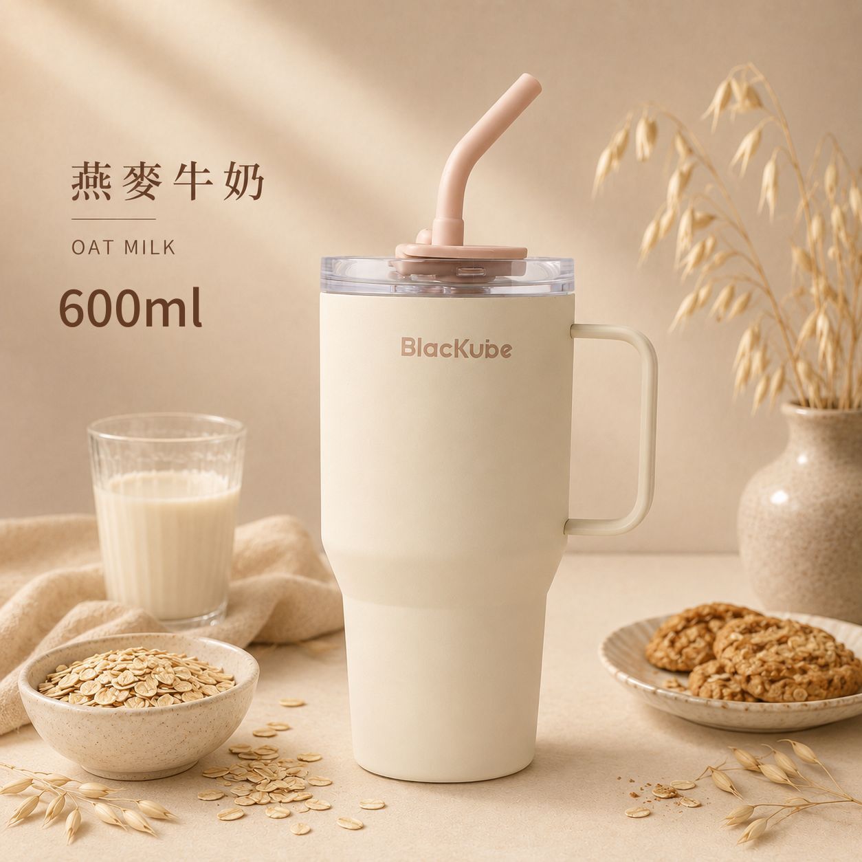 BLACKUBE 陶瓷雙飲吸管杯 Tumbler 600ml - 燕麥牛奶 (Tritan吸管)