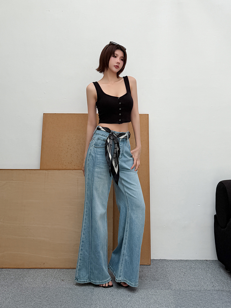 超推！質感軟料車線牛仔寬褲（附皮帶，S-XL）