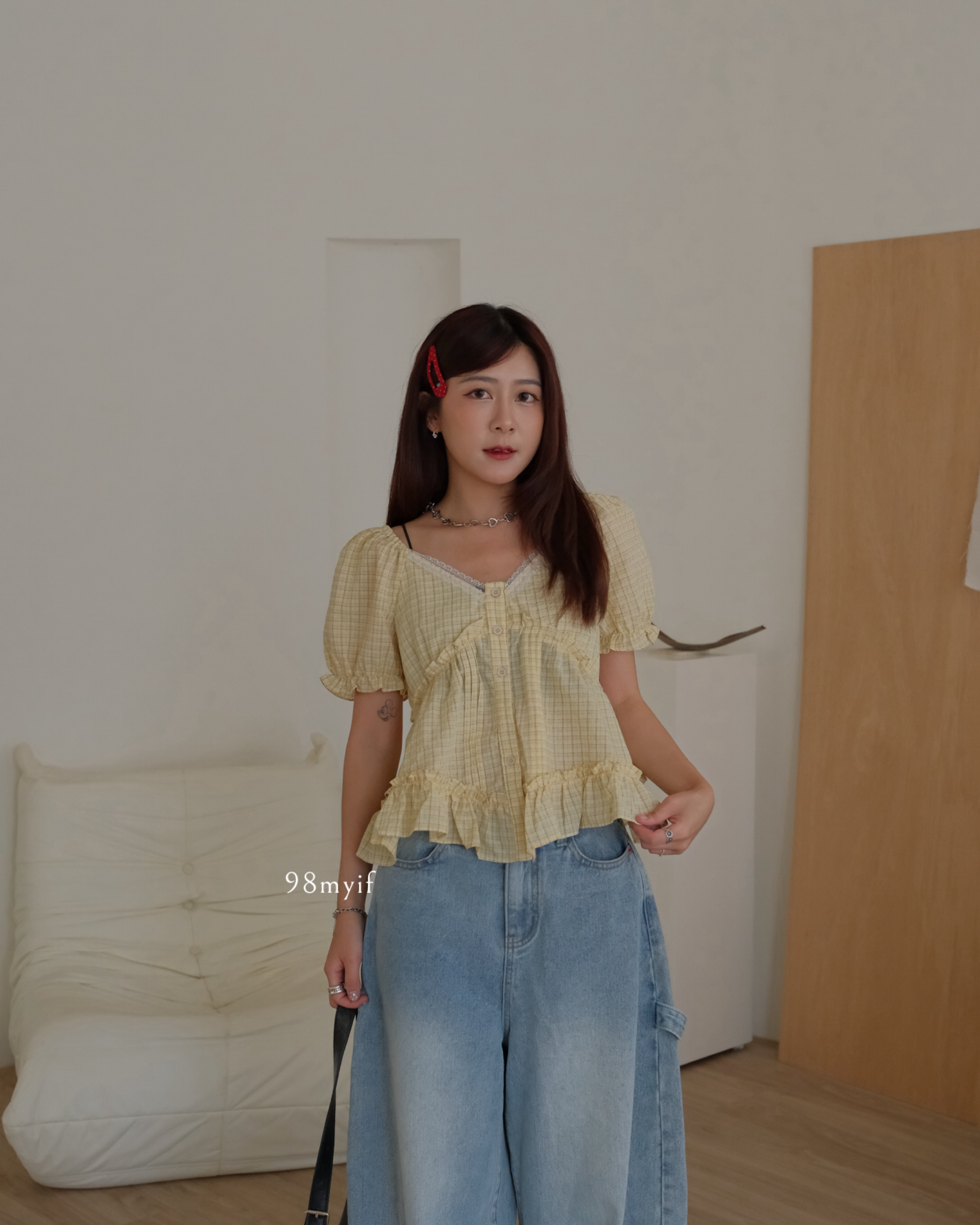 Ｑ618 夏日黃格紋蕾絲蛋糕上衣