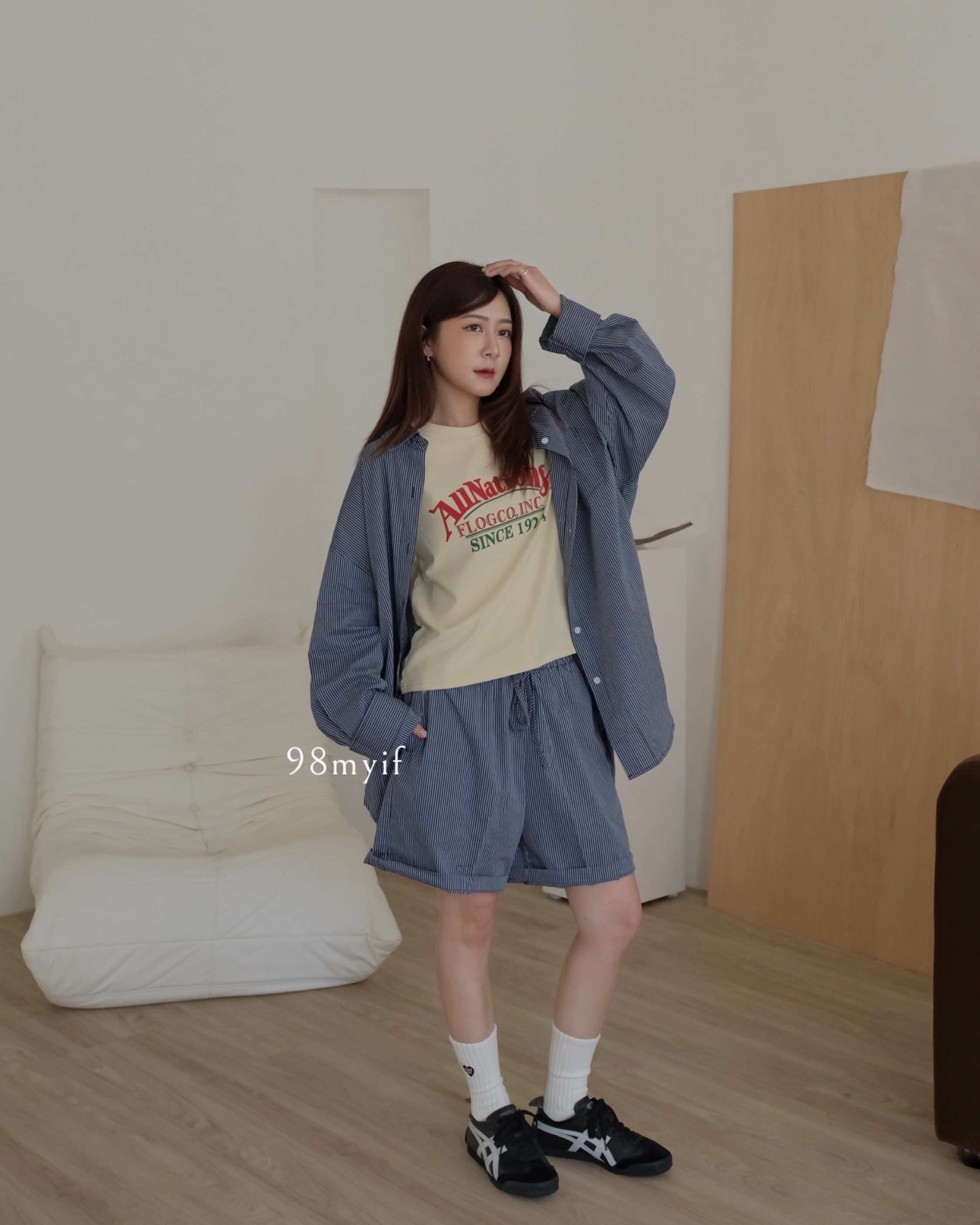 Ｑ616 慵懶舒服細條文襯衫套裝