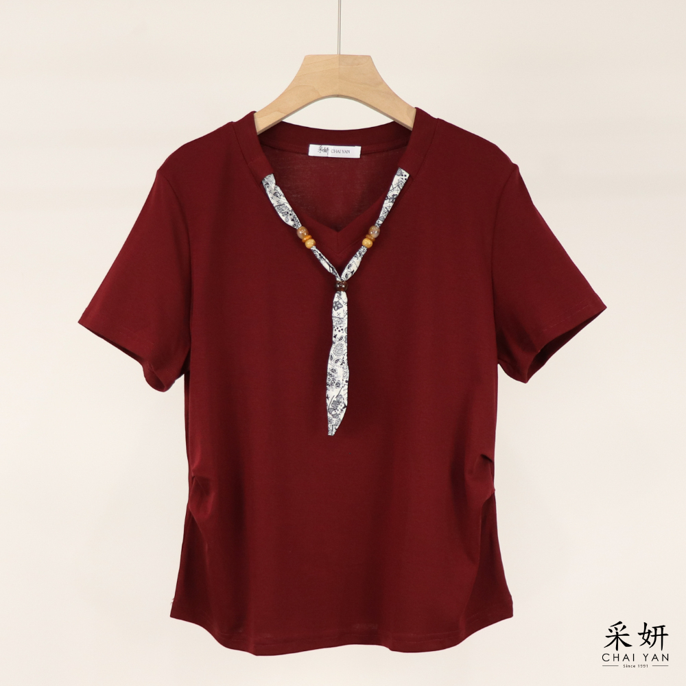 可綁帶子V領短袖上衣