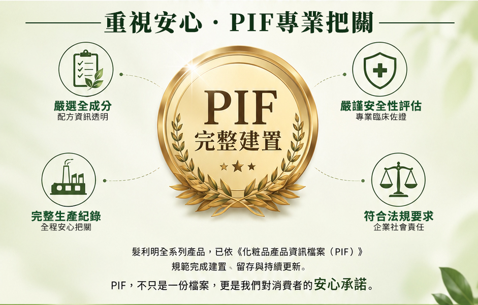 Follimin 髮利明全系列產品已依法完成《化粧品產品資訊檔案 (PIF)》之建置。秉持成分安全、配方透明與品質穩定，為您提供最安心、最值得信任的專業頭皮與髮絲洗護養護承諾。