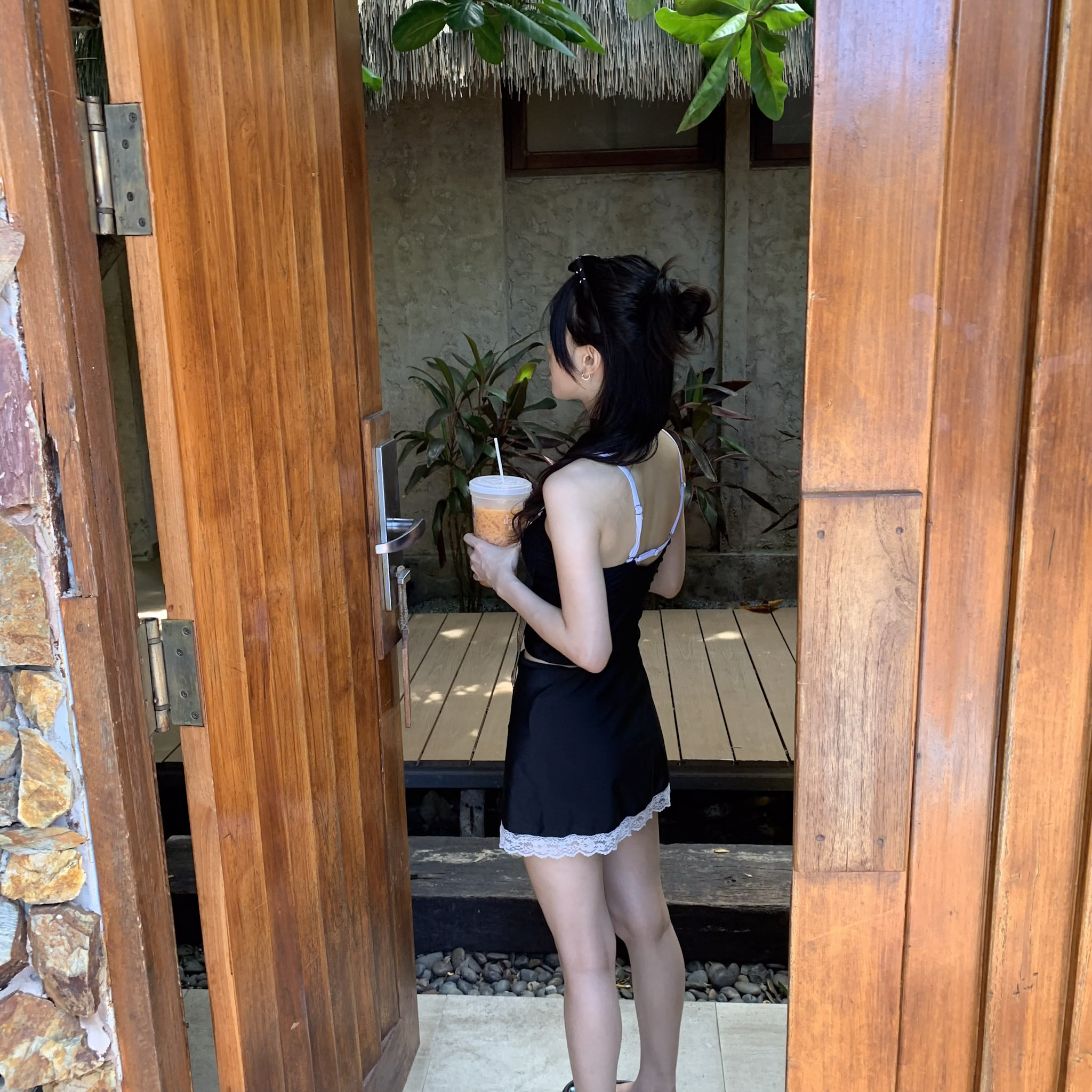 ISA_蕾絲點綴 撞色滾邊綁帶裙泳衣三件組_65065