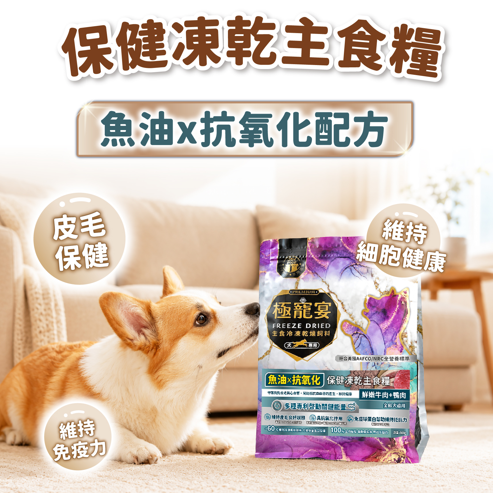 魚油x抗氧化(牛肉+鴨肉)極寵宴保健狗凍乾主食糧80g