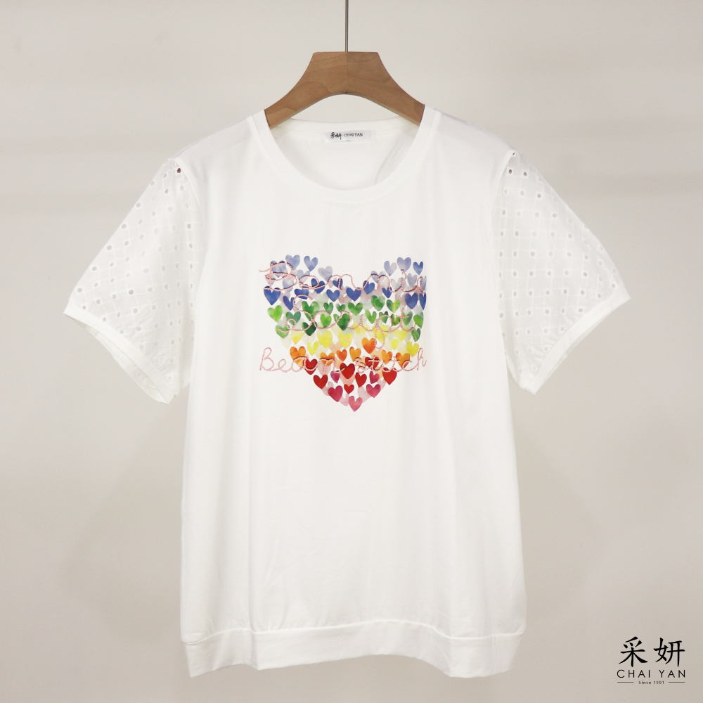愛心棉麻拼接短袖上衣