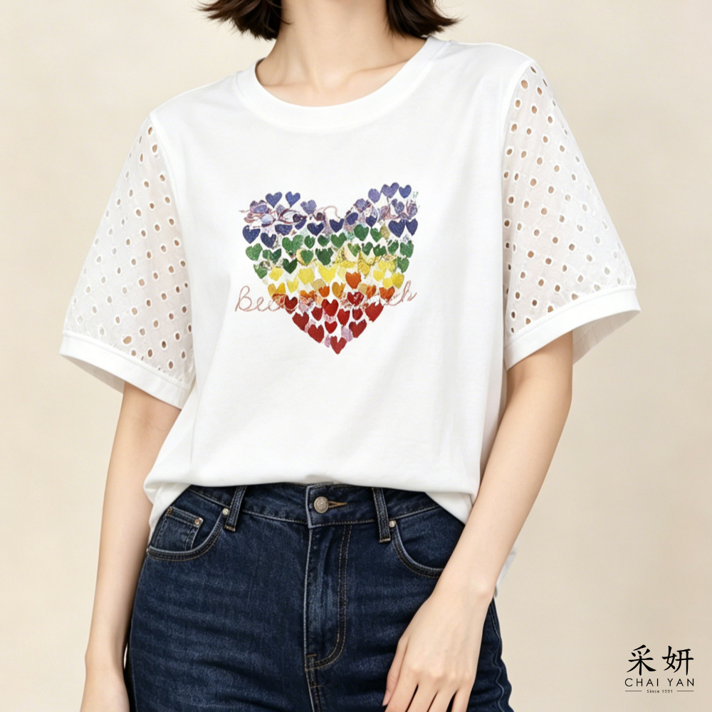 愛心棉麻拼接短袖上衣