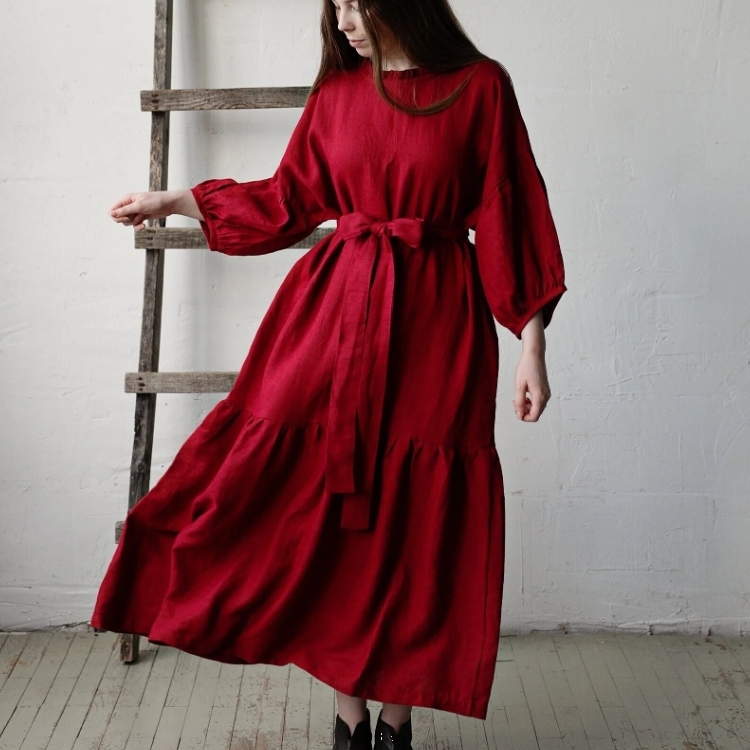 (預購)ALL THE BEAUTIFUL LINEN 大人款-泡泡袖綁帶洋裝 RUFFLE KIMONO DRESS
