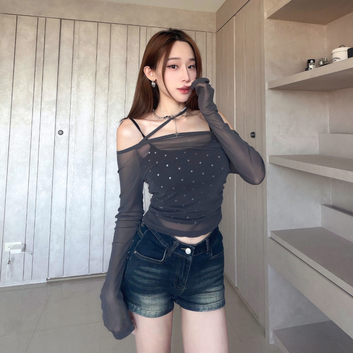 【心動波點♡】DOMISS自訂-透膚網紗上衣 波點背心 套裝 性感上衣(現+預)