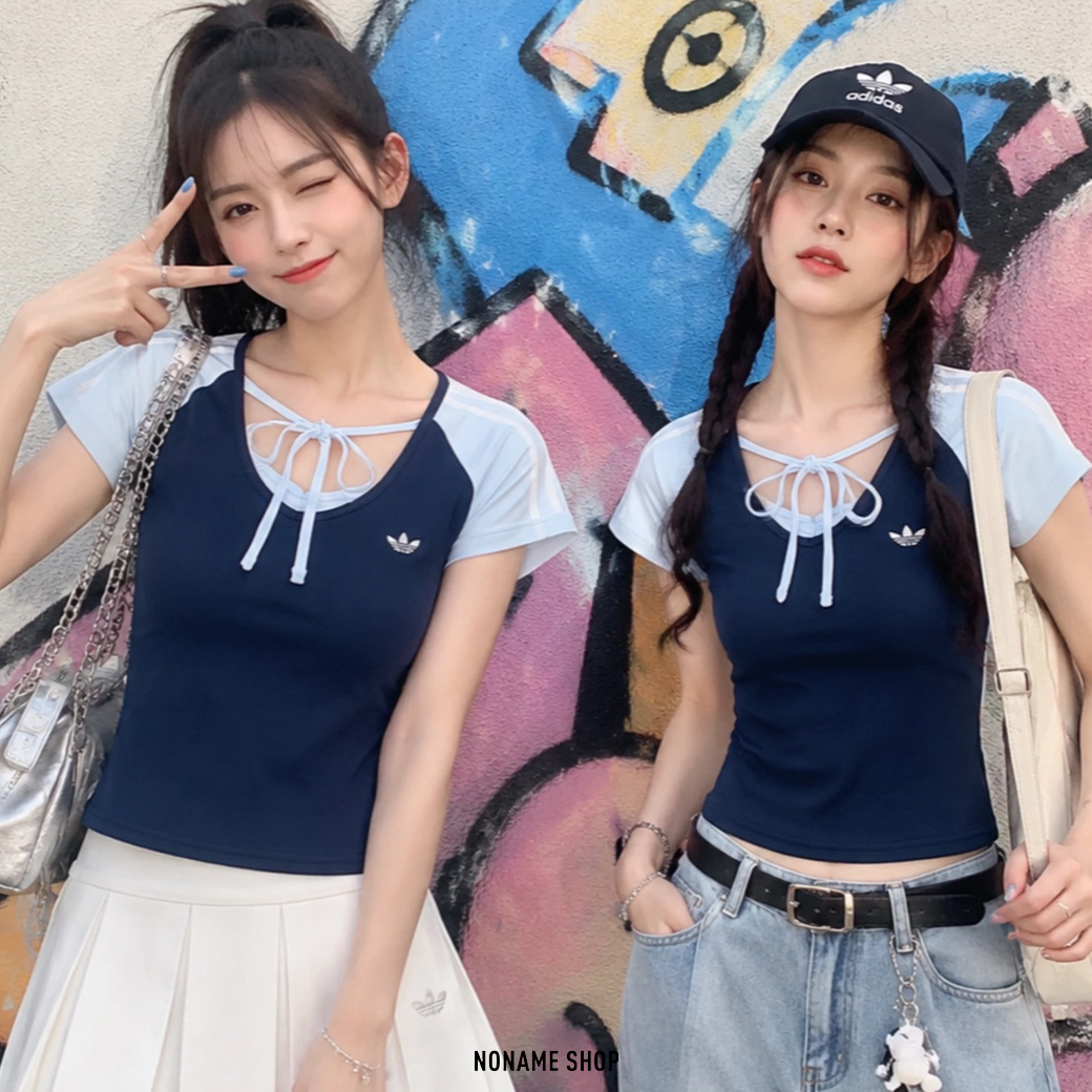 ADIDAS ORIGINALS VINTAGE 三葉草 蝴蝶結 綁帶 繞頸 假兩件 上衣 短袖 兩色 (女款)