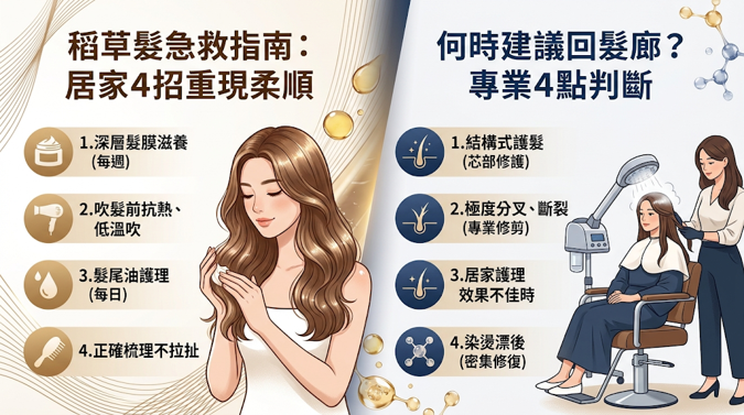 頭髮已經像稻草怎麼急救？什麼情況建議回髮廊處理？頭髮乾硬像稻草時，先判斷是單純缺水毛躁，還是已經深層受損。 若只是表層乾燥、毛躁、捲度稍鬆，但拉扯仍有彈性、不易斷裂，可先用深層髮膜補水修護，再搭配免沖洗護髮油鎖水，慢慢改善滑順度。 若濕髮拉起來像橡皮筋般軟爛、中段容易斷裂分岔、捲度明顯變形失去彈性，或頭皮出現紅腫發癢，建議暫停染燙與高溫造型，回髮廊請設計師評估。