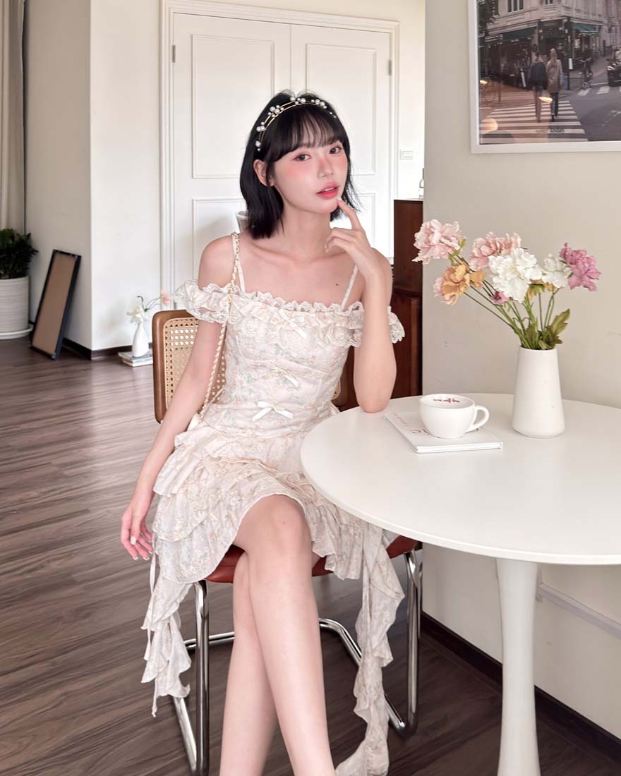 LINA LINA著迷甜意刺繡花朵蝴蝶結網紗洋裝-柔美粉